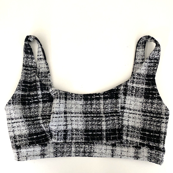 NWT ONA YOON CHUNG Plaid Sports Bra Black White Scoop Neck Top Active Sp… - Picture 3 of 8